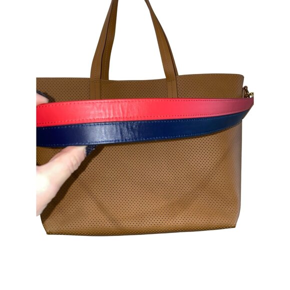 New Mark & Graham Large Perforated Tan Leather Tote Bag With Red Interior & Adju - Picture 3 of 9
